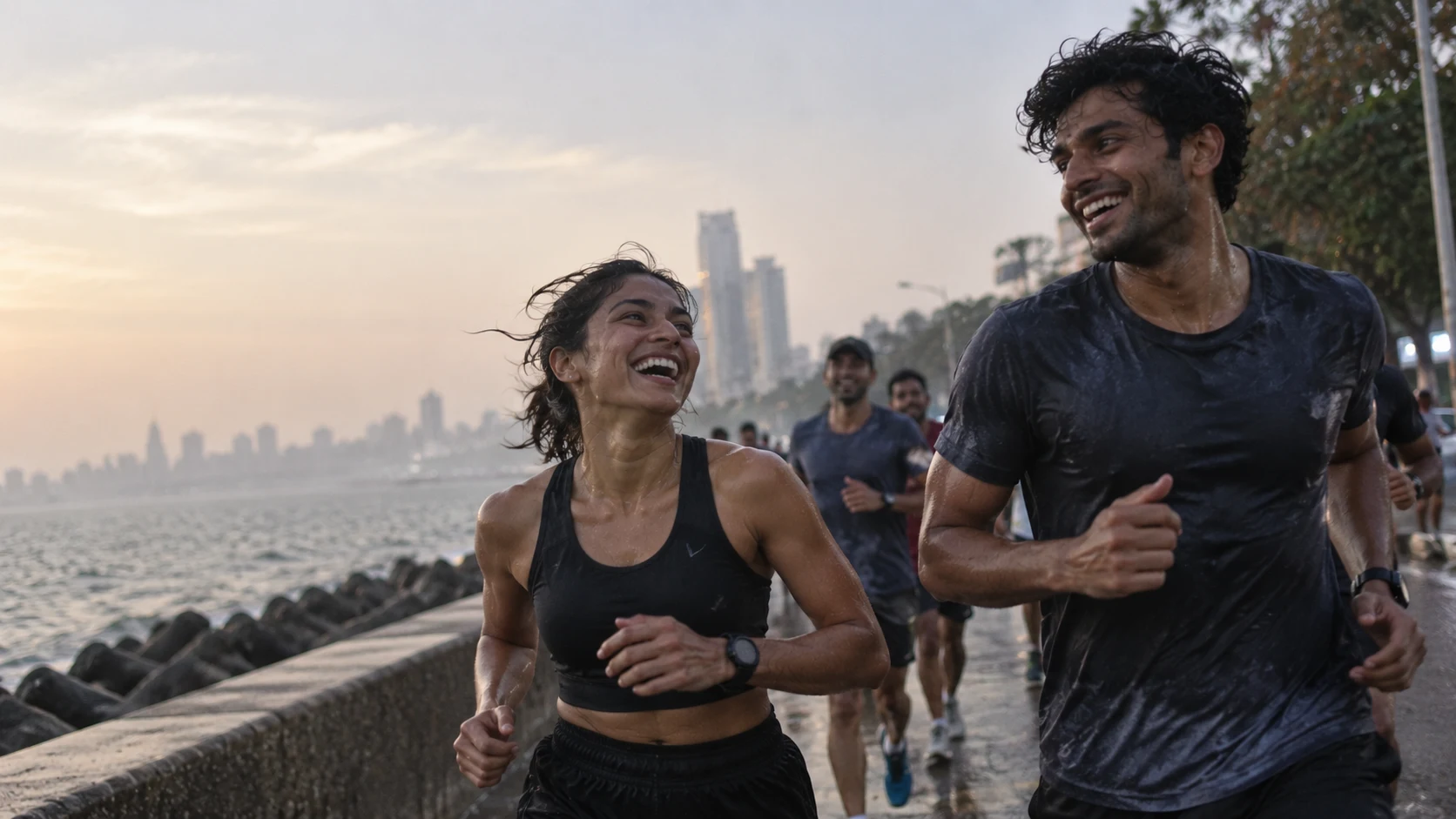 A group of runners training together beside a waterfront