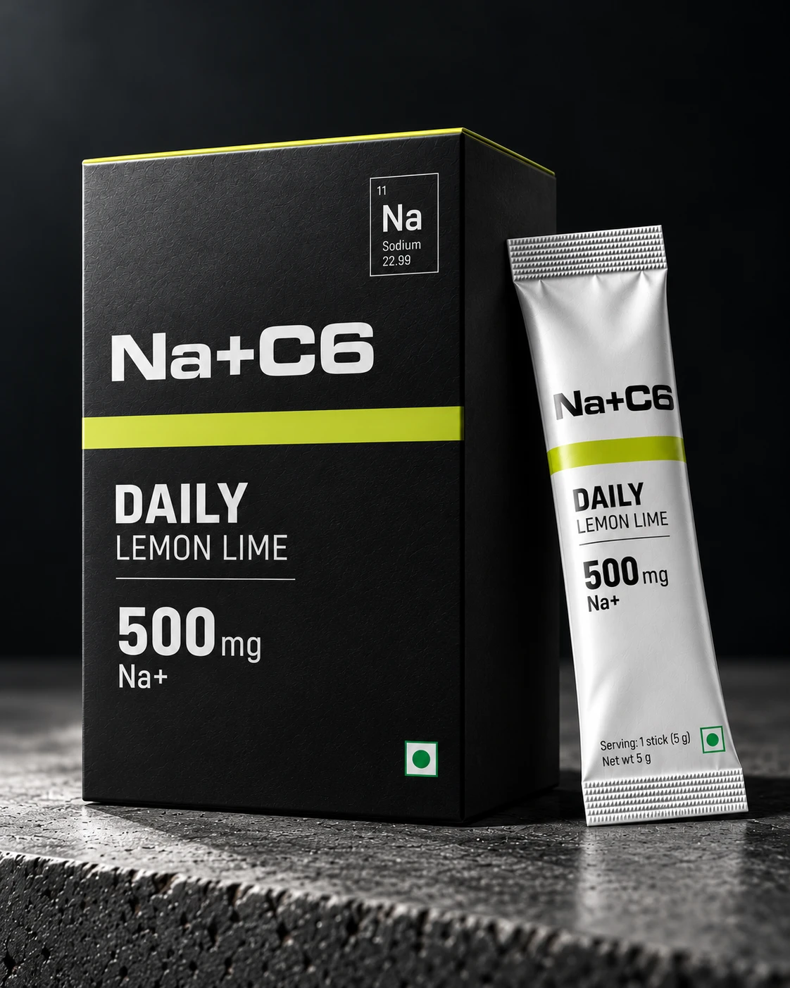 Na+C6 Daily Lemon-lime carton and individual pack on a dark stone surface